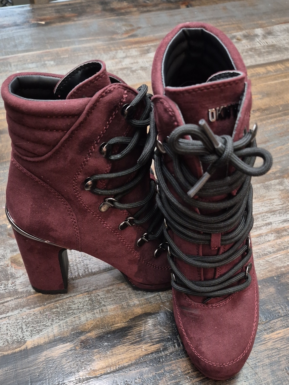 DKNY Lenni, Size 6.5US, Womens Burgundy Suede Lace-Up Block Heel Boots